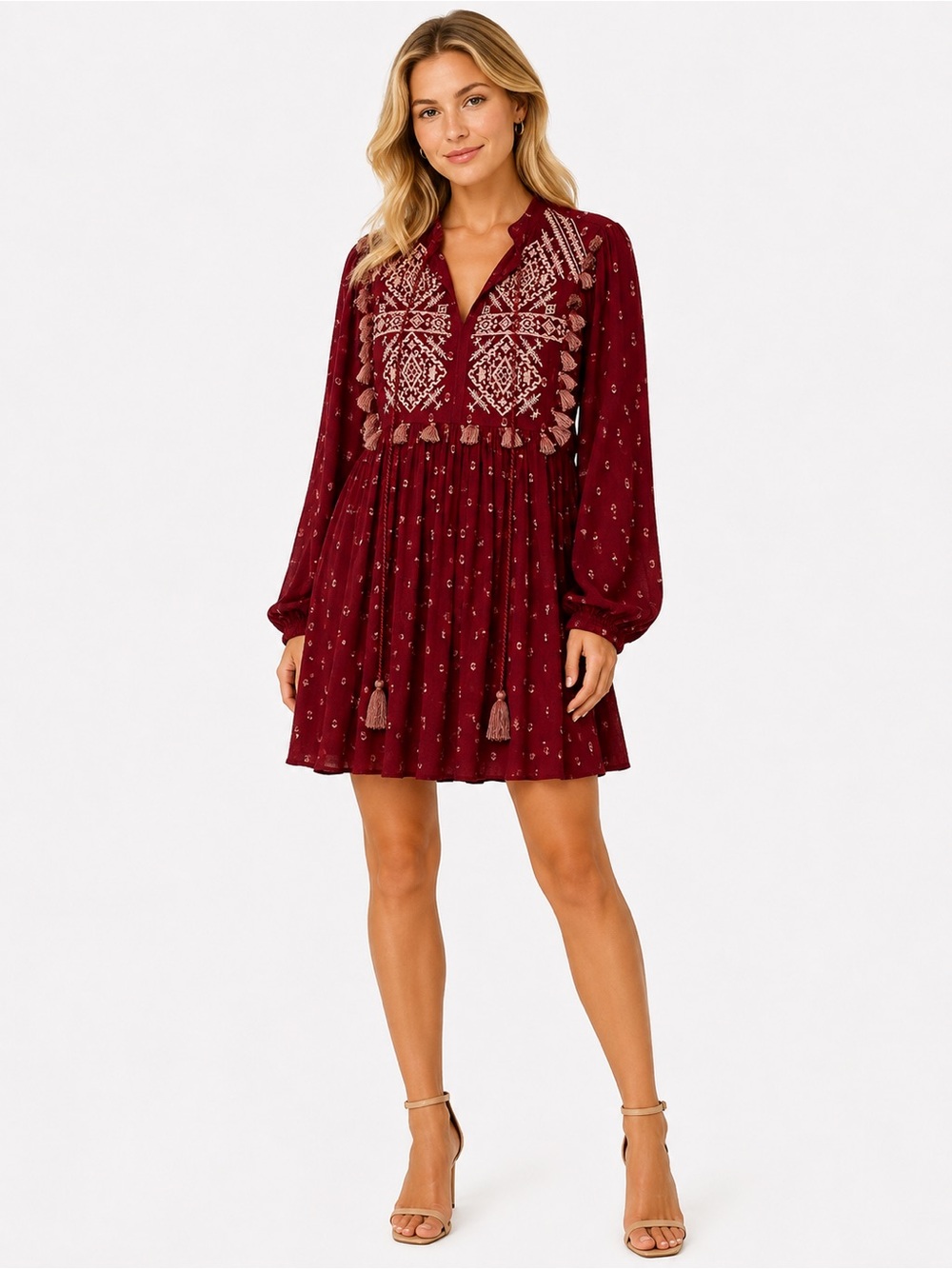Zara Size Medium Women’s Burgundy Embroidered Tassel Long-Sleeve Mini Dress